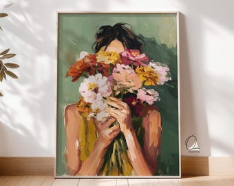 Giclée Print: Woman Holding Flowers, Matte Paper Artwork