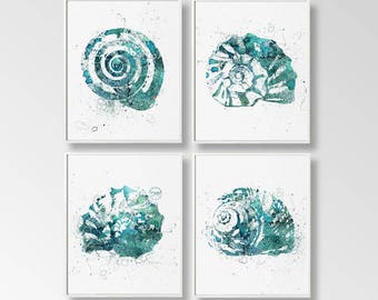 Nautical Art Print, Snail Shell Art, Set of 4 Digital, Shell Digital Art, DIY  Wall Art, Coastal Living Art, Teal Beach Art, Beach Cottage