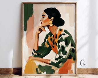 Lámina artística de mujer con estampado de leopardo, ilustración minimalista de moda, elegante retrato femenino, arte mural moderno y neutro, póster chic.