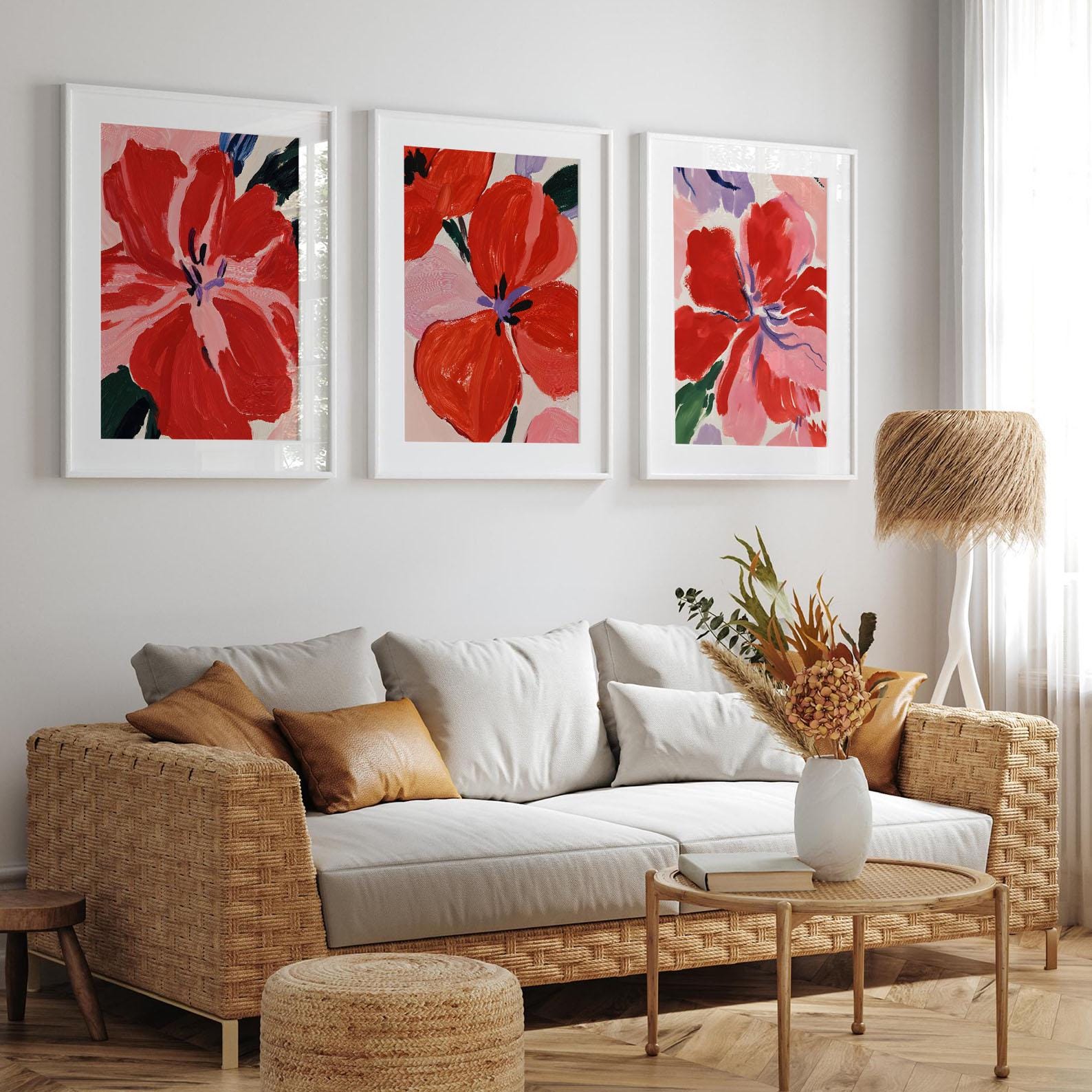 3 Abstract Red Floral Wall Art, Modern Flower Prints Set, Bold ...