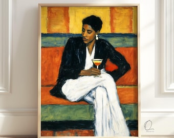 Woman With Cocktail Wall Art, Moody Figurative Painting Print