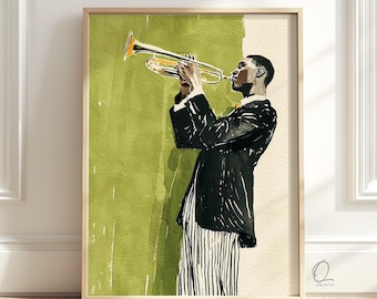 Jazz Trumpet Player Wall Art, Green Music Print