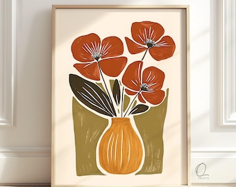 Terracotta Floral Wall Art, Mid Century Modern Flower Print