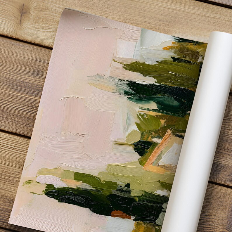 Puede incluir: Una pintura al &oacute;leo abstracta sobre un lienzo rectangular que presenta pinceladas gruesas y texturizadas en tonos rosa p&aacute;lido, verde bosque, oliva y crema. La composici&oacute;n muestra una mezcla de &aacute;reas pastel suaves y trazos verde oscuro.