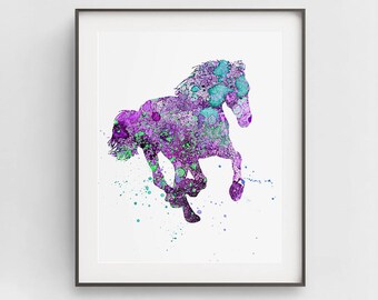 Impression d'art cheval aquarelle violet, décoration murale animal (téléchargement numérique)
