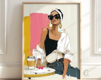 Fashion Woman Wall Art, Chic Coffee Lover Print