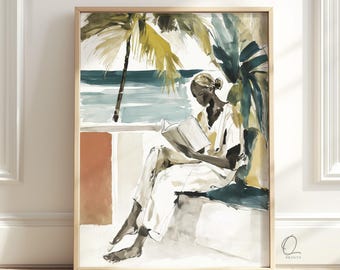 Woman Reading by the Sea Wall Art, Coastal Print