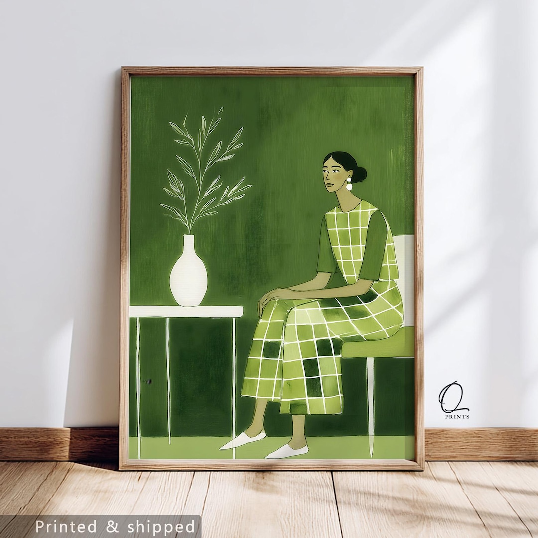 Modern Woman Portrait Art Print, Green Minimalist Wall Decor ...
