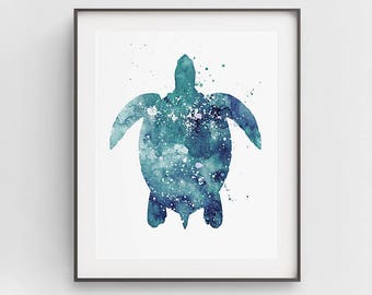 Turtle Art Print, Digital Nautical Art, Turtle Printable, Blue Watercolor, Ocean Coastal Art, Sealiving Art Decor, Turtle Art Décor, Gift