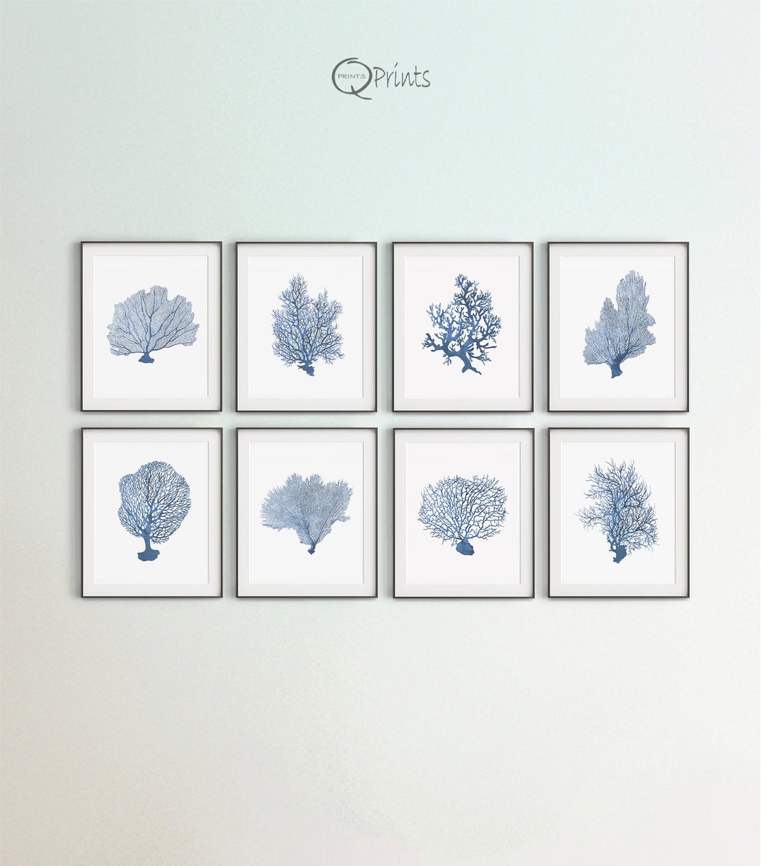 Set of 8 Prints, Coral Printables, Hamptons Style, Navy Blue Corals ...