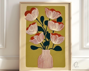Mid-Century Modern Botanical Print: Terracotta Flowers, Textured Vase Wall Art