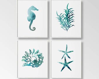 Nautical Art Print, Snail Shell Art, Set of 4 Digital, Seastar Digital Art, Seaweed Seastar, DIY Wall Art, Coastal Living Art, Turquoise