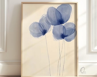 Minimalist Blue Poppy Art Print, Delicate Botanical Giclée Wall Art