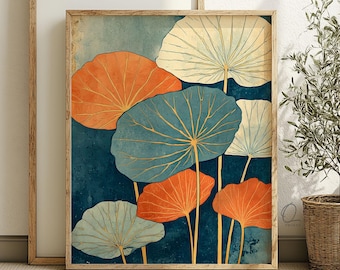Op de afbeelding: Een ingelijste kunstdruk met gestileerde lotusbladeren in tinten oranje, blauwgroen en crème tegen een donkerblauwe, getextureerde achtergrond. Het kunstwerk bevat dunne gouden lijnen die de bladnerven en stelen accentueren, in een lichthouten lijst.