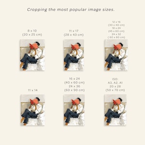 May include: An illustration showing various image sizes for cropping. The image features a person reading a book, with the sizes listed as 8 x 10 inches, 11 x 17 inches, 12 x 16 inches, 18 x 24 inches, 24 x 32 inches, 11 x 14 inches, 16 x 24 inches, 24 x 36 inches, and ISO sizes.