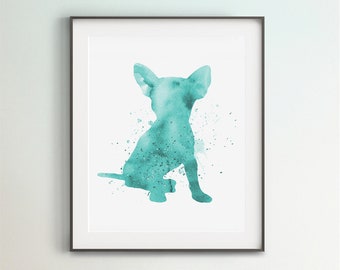 Chiweenie Print, Chiweenie Art, Digital Chiweenie, Large Wall Art, DIY Wall Art, Watercolor, Turquoise, Chiweenie Wall Decor, Chiweenie Gift