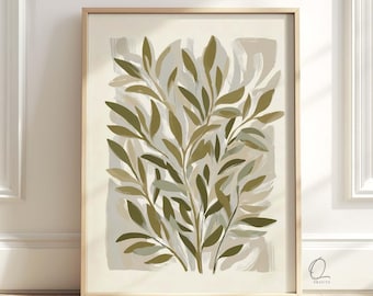 May include: A framed wall art print featuring an abstract botanical illustration of olive green and sage leaves. The artwork is set against a neutral cream background with visible brushstroke textures. The text PRINTED & SHIPPED appears at the top.