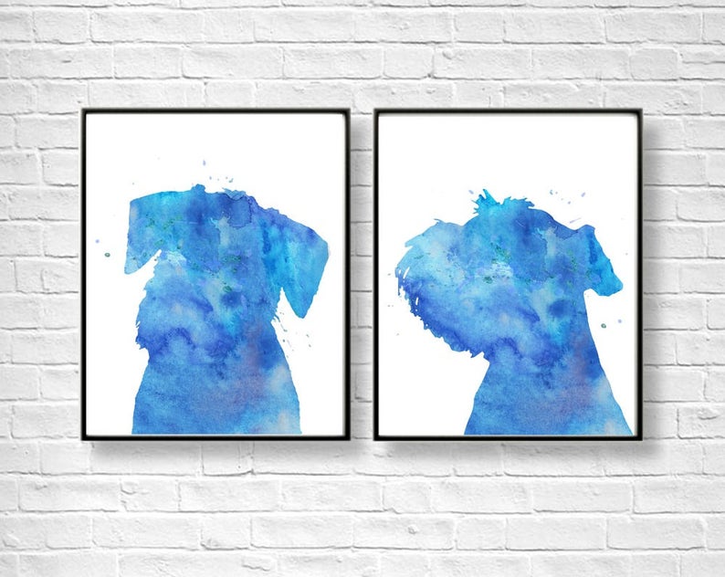 Set Schnauzers Print, Set of 2 Prints, Watercolor Schnauzer, Schnauzers Art, Large Wall Décor, Blue Schnauzers, Set of Schnauzers, Boy Gift image 2