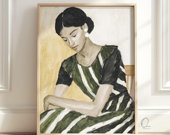 Woman Portrait Wall Art, Green Striped Dress Print