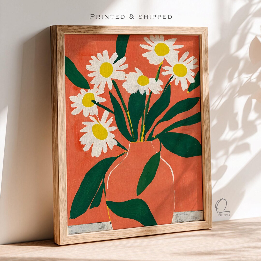 Daisy Floral Print, Modern Flower Vase Wall Art, Colorful Botanical ...