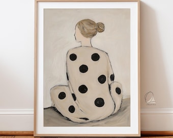 Lámina artística minimalista de mujer, ilustración de lunares, figura femenina neutra, arte mural abstracto moderno, decoración elegante y contemporánea.