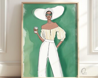 Fashion Coffee Wall Art, Stylish Woman in Sun Hat Print