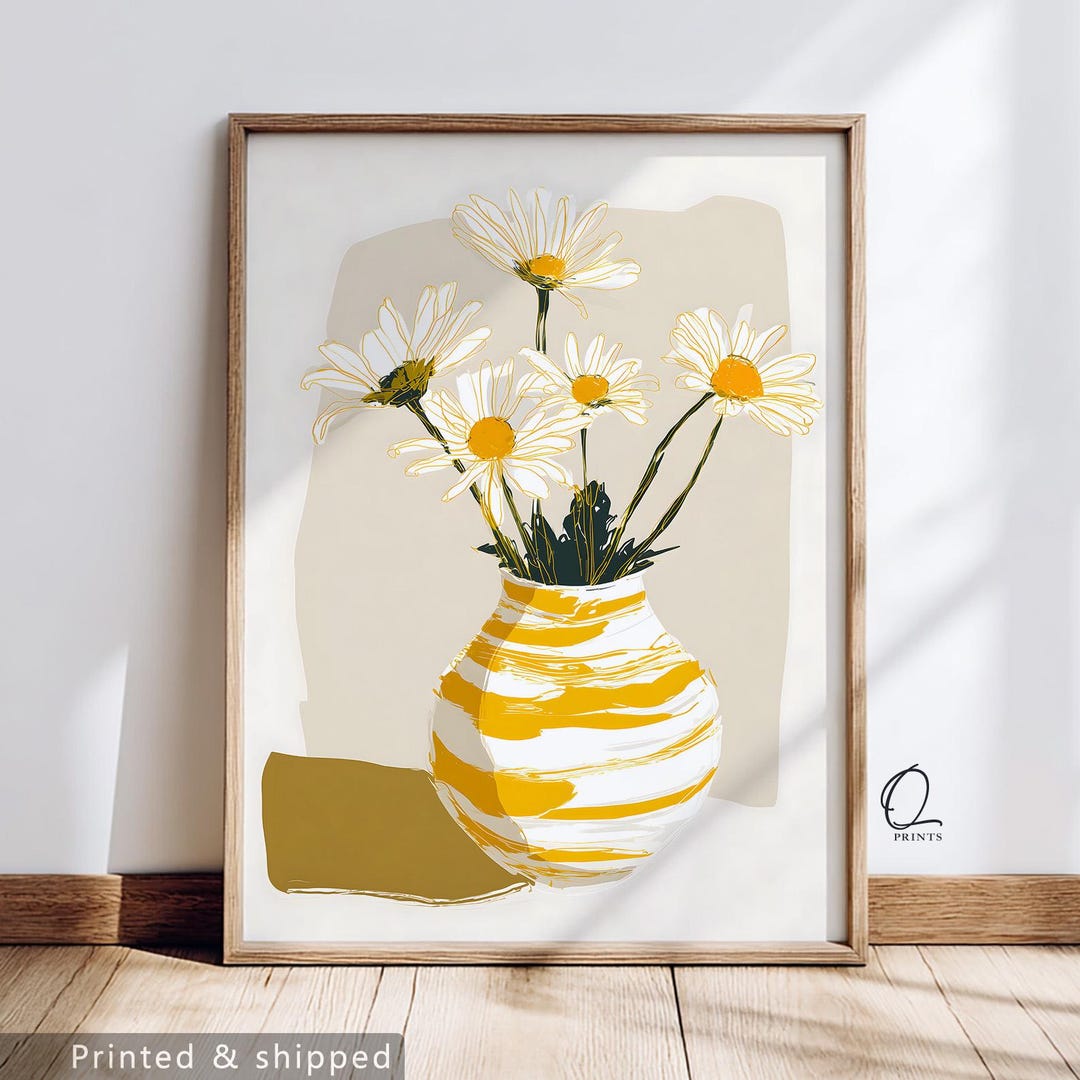 Daisy Wall Art Print, Minimalist Floral Poster, Yellow Vase ...