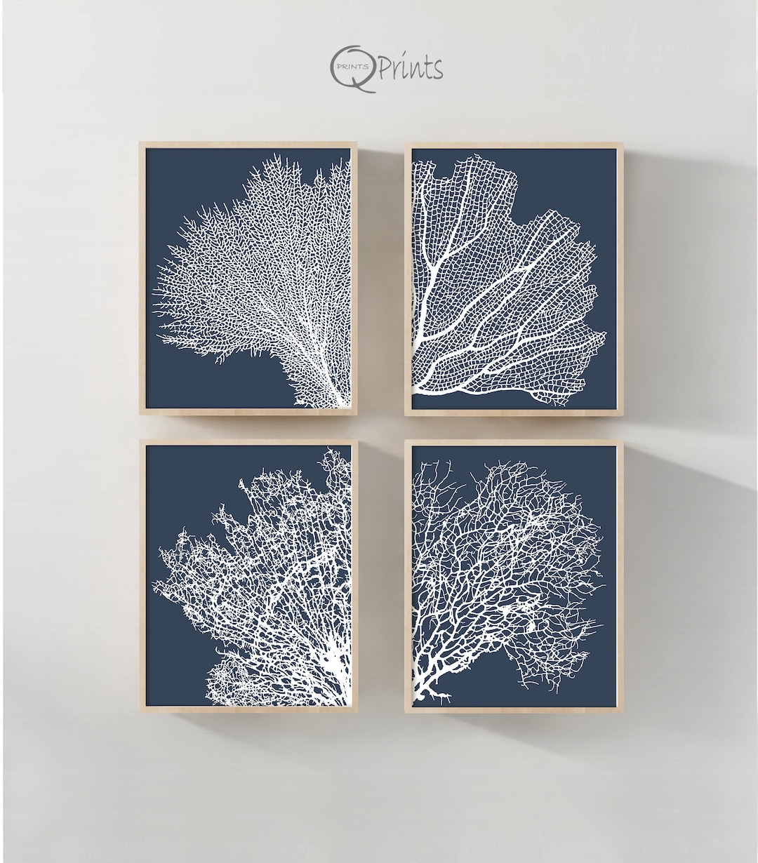 Set of Coral Prints, Set of 4 Printables, Navy Blue Art, Hamptons Style ...