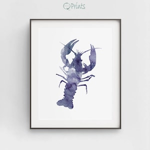 May include: A watercolor painting of a purple lobster on a white background.