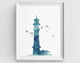 Lighthouse Print, Blue Teal Lighthouse, Coastal Wall Art, Lighthouse Printable, DIY Wall Art, Large Wall Art, Sea Wall Décor, Ocean Art