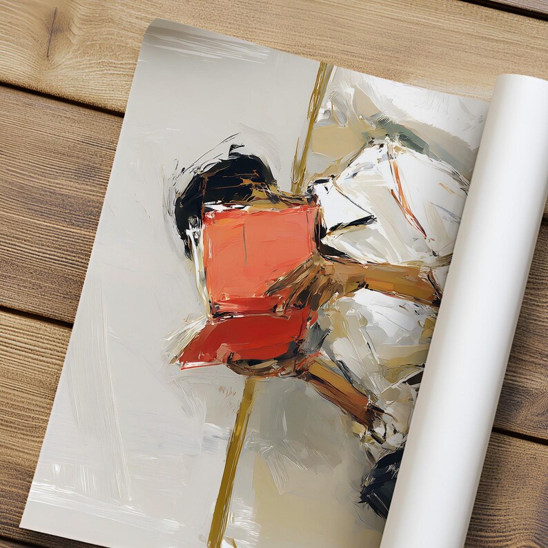 May include: Abstract art print featuring a figure with a red square element, rendered in a painterly style. The artwork uses a palette of white, black, and beige tones, with a rolled-up white paper roll in the foreground.
