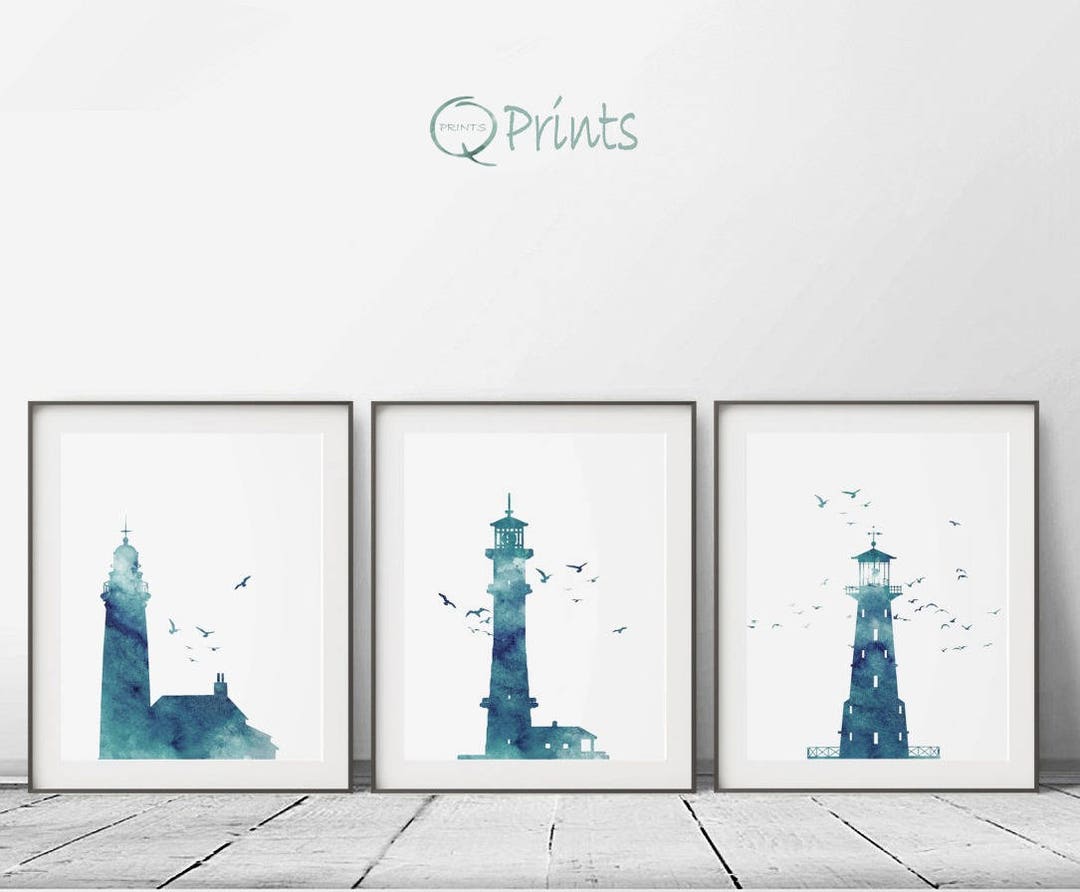 Set of 3 Prints, Lighthouse Print, Printable Beacon, Blue Nautical Art ...
