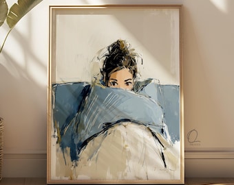 Cozy Woman Wall Art, Blue Bedroom Figurative Print