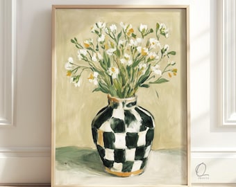White Floral Wall Art, Checkered Vase Botanical Painting Print