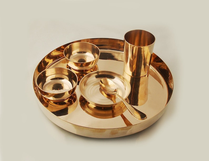 6 PCs Pure Bronze Kansya Thali Plate Set With 3 Bowl 1 Spoon 1 Glass Dinnerware Complete Set Beautiful Gift Set