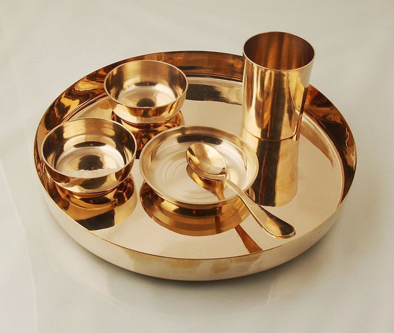 6 PCs Pure Bronze Kansya Thali Plate Set With 3 Bowl 1 Spoon 1 Glass Dinnerware Complete Set Beautiful Gift Set