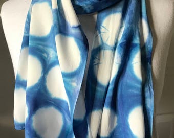 Scarf, BR10.1, Bamboo Rayon, hand dyed, Shibori itijame dots, Periwinkle blue and royal blue, 14 x 70,