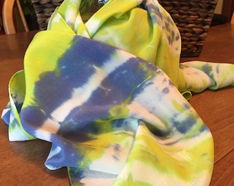 Silk scarf, SC6.1, hand dyed,  low immersion dye method, Itijame, blue and green, silk crepe de chin, 14x72