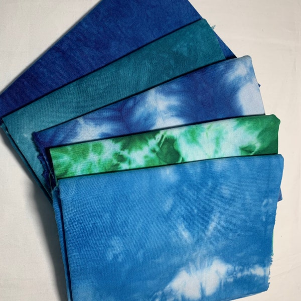 Cotton, Fat quarter bundle of 5, blues and green, mottled and shibori, sapphire, turquoise, emerald green