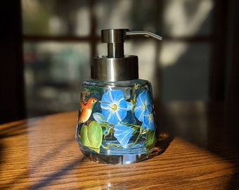 Hand Painted glass lotion bottle, liquid dispenser, soap container - Morning Glory vine with two Allen Hummingbirds