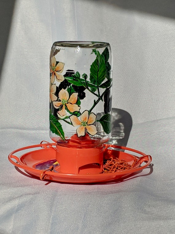 Hand Painted Glass Oriole Feeder Blackberry Vine And Flowers Etsy