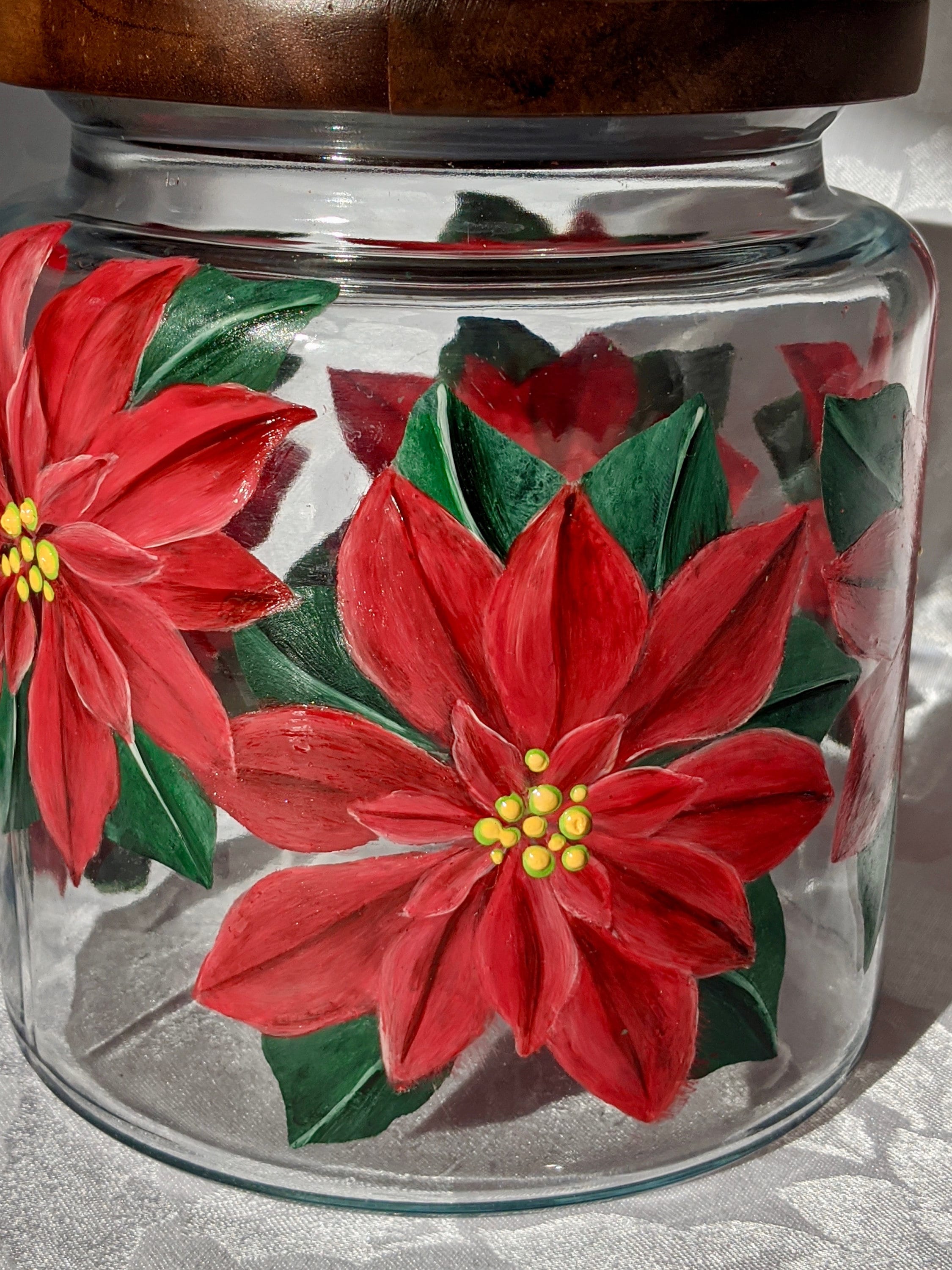 Handprinted Glass Cookie Jar With Wood Lid Poinsettia Etsy
