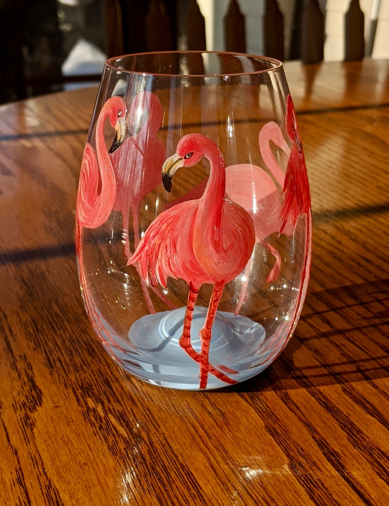 Hand Painted Stemless Wine Glass Five Flamingos Etsy