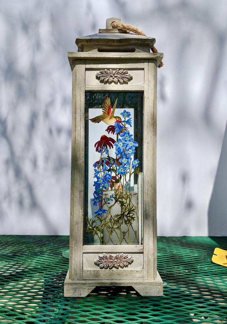 Lantern 22 3//4 in Tall Wooden Carved Design in Antique Gray with Swing Latch