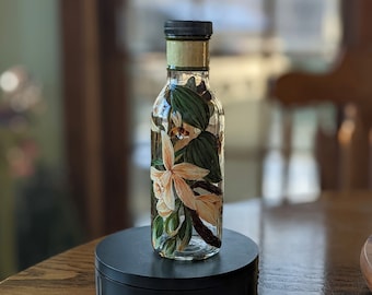 Hand Painted Clear Glass Bottle hand with large Vanilla Blooms, Beans and Bumblebees