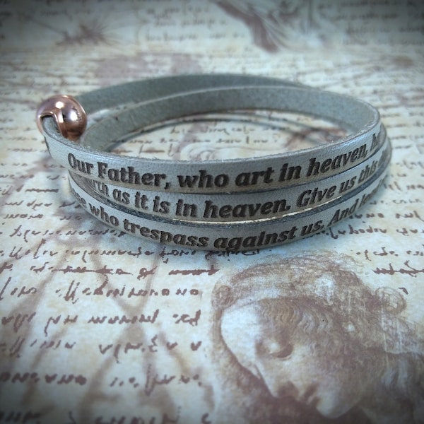 Leather Prayer Bracelet, Lord's Prayer, Matthew 6:9, Inspirational Jewelry, Christian Jewelry, Catholic Jewelry
