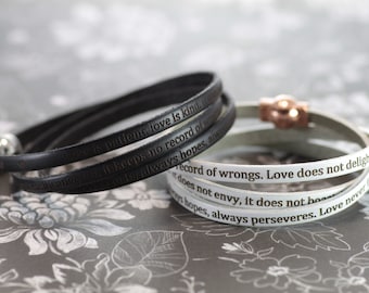 Corinthians 13 Leather Wrap, Prayer Bracelet, Love is Patient, Wedding, Anniversary, Christian Jewelry