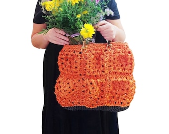 Raffia Bag, Straw Bag, Woven Bag, Granny Square Bag, Crochet Tote Bag, Natural Tote