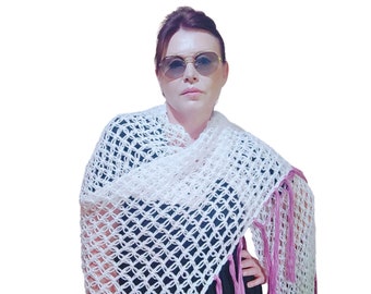 White crochet shawl, Triangular Shawl with Long Tassels in boho style, Plus Size Shwal, Boho Shoulder Wrap