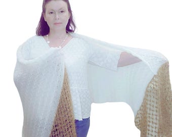 White Crochet Shawl -Mohair Stole with Gold Trim. Crochet Shoulder Cape, Hygge Shawl, Handmade Knitwear Cape, Unique Gift Ideas Women